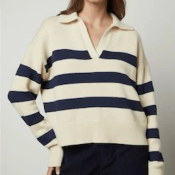 Velvet by Graham & Spencer Navy/White Cashmere Blend Old Money Coastal Nautical - Picture 2 of 9